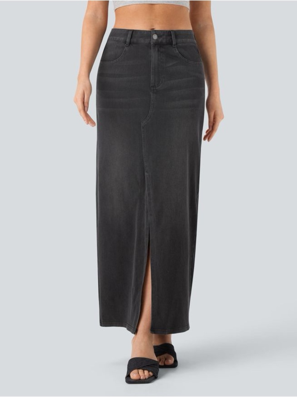 Halara Flex Denim Maxi Skirt XS Dark Wash Front Slit Stretch NWT